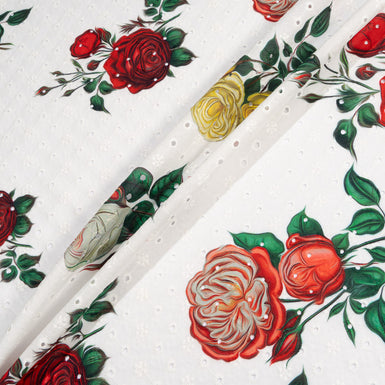 Red, Yellow & Green Rose Printed White Broderie Anglaise