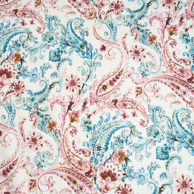Blue & Pink Paisley Printed Cream Wool & Cotton Blend