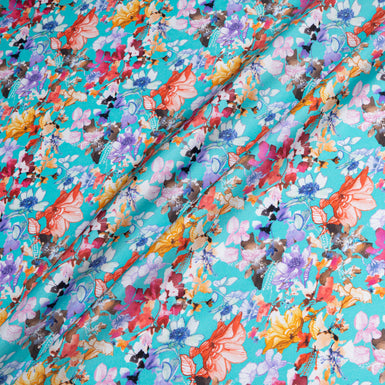 Multi-Coloured Floral Printed Turquoise Silk Twill