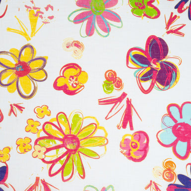 Multi-Coloured Floral Printed White Handkerchief Linen