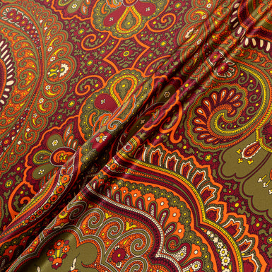 Deep Red & Khaki Paisley Printed Silk Satin
