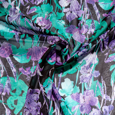 Purple Floral Printed Black Pure Cotton Voile