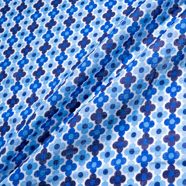 Blue Floral Geometric Printed White Linen