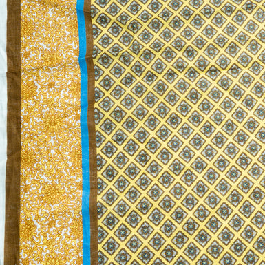 Brown Floral Square Geometric Printed Yellow Linen