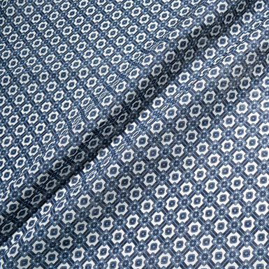 Blue Geometric Printed White Linen