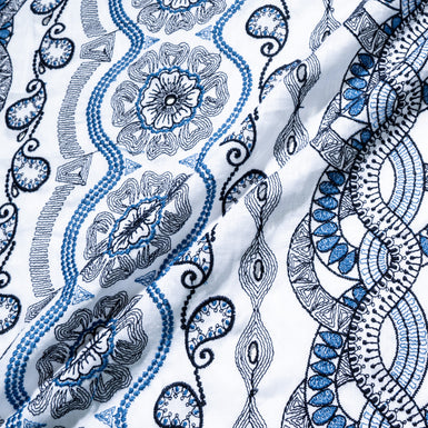 Blue Embroidered White Linen & Cotton Blend
