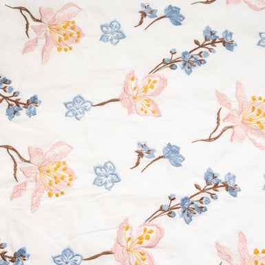 Pale Pink & Blue Floral Embroidered Cotton