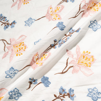 Pale Pink & Blue Floral Embroidered Cotton
