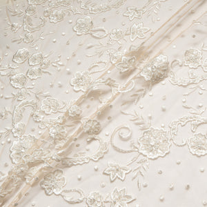 Floral Beaded & Embroidered Cream Tulle