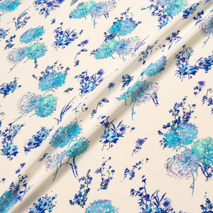 Blue Floral Printed Ivory Double Silk Crêpe
