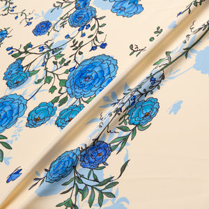Blue Floral Printed Cream Double Silk Crêpe