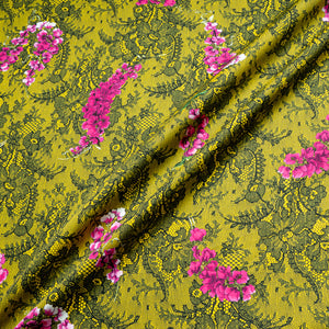 Pink Floral & Lace Printed Yellow Luxury Satin Cotton