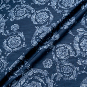 Floral Printed Dark Blue Stretch Cotton Denim