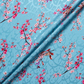 Pink Floral Printed Blue Silk Jacquard