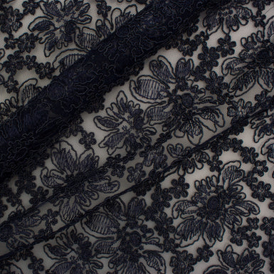 Navy Blue Corded & Embroidered Tulle