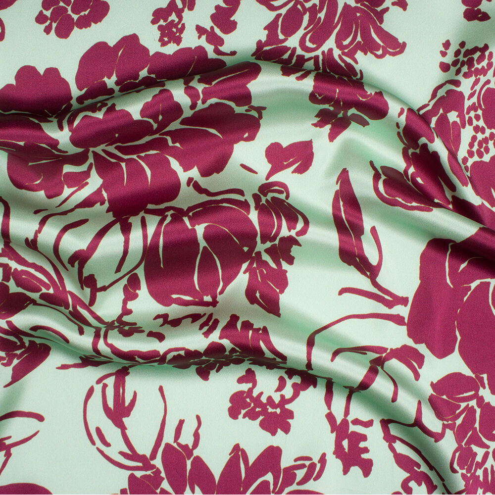 Burgundy/Mint Green Silk Satin Floral Fabric