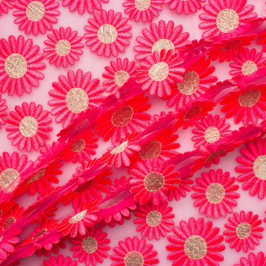 Fluorescent Pink Daisy Embroidered Tulle