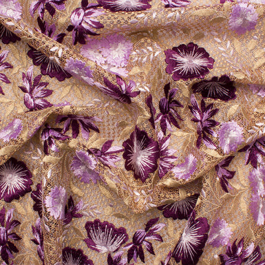 Mulberry & Gold Floral Double Embroidered Tulle Fabric