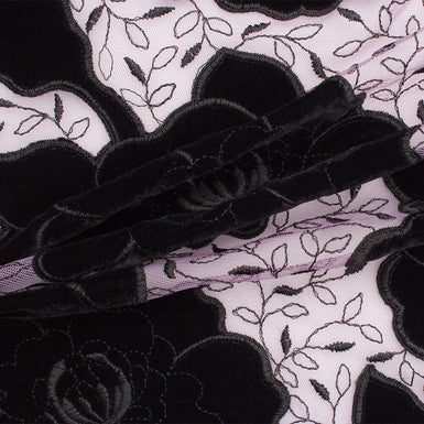 Black Embroidered Velvet on Purple Tulle (A 2m Piece)