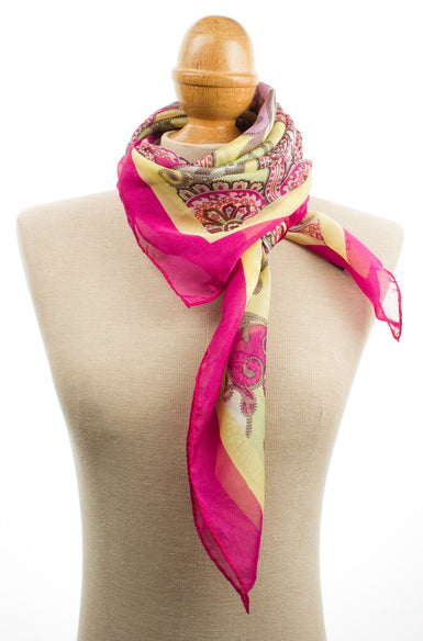 Pink & Yellow Paisley Printed Silk Chiffon Scarf
