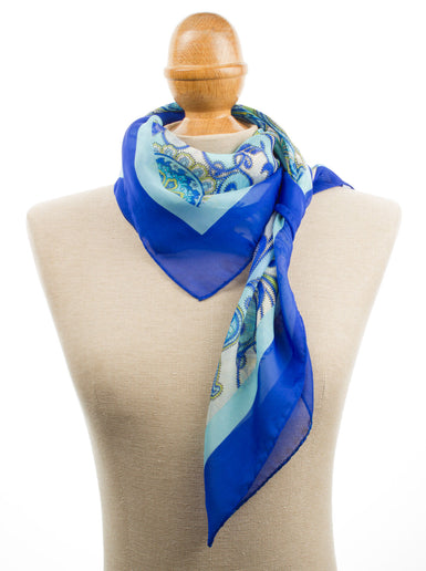 Blue Paisley Printed Silk Chiffon Scarf
