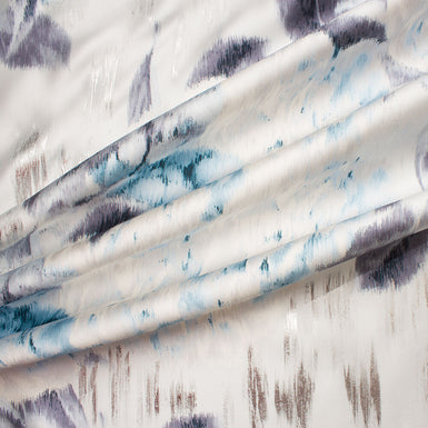 Blue Hand Painted Floral Silk Mikado