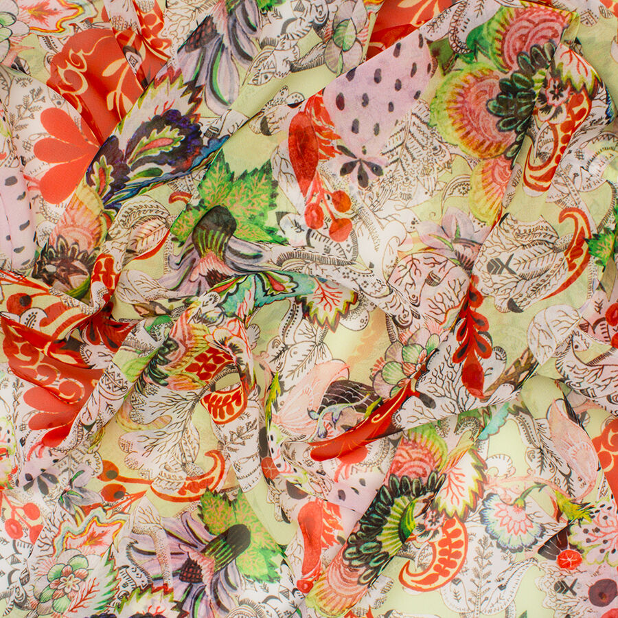 Red/Multi-Coloured Microfibre Chiffon Fabric