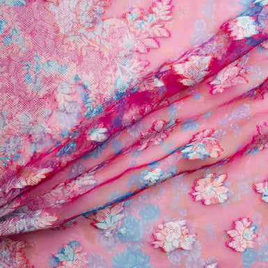 Pink/Blue Floral Silk Lamé Fabric