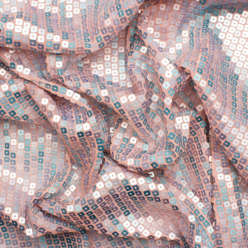 Pink/Turquoise Sequinned Silk Chiffon