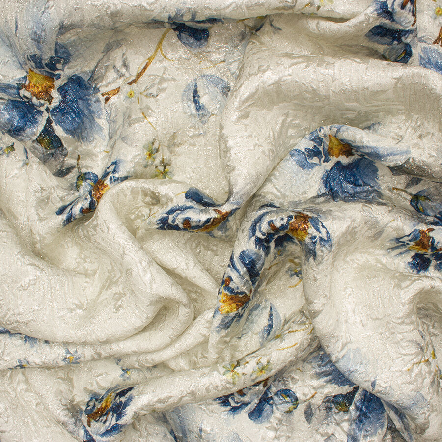 Blue Floral Metallic Cloqué
