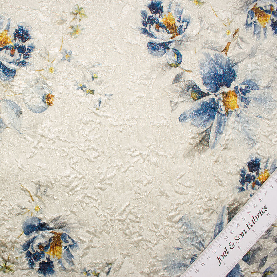 Blue Floral Metallic Cloqué