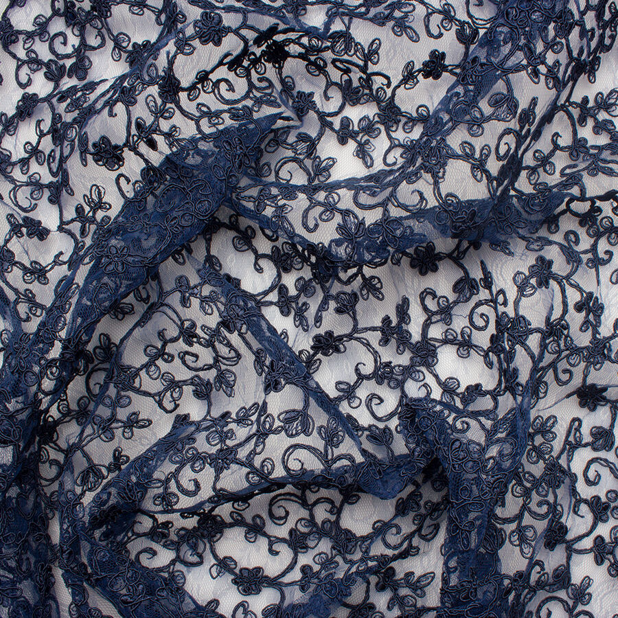 Dark Blue Floral Embroidered Tulle