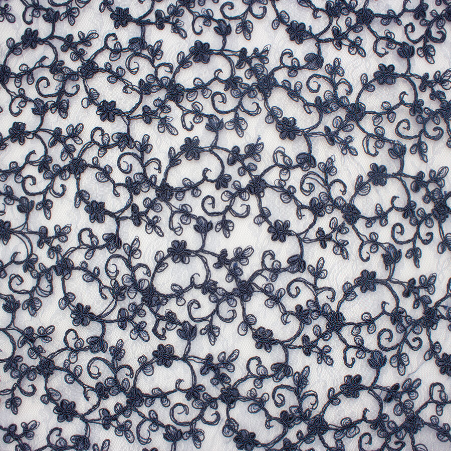 Dark Blue Floral Embroidered Tulle