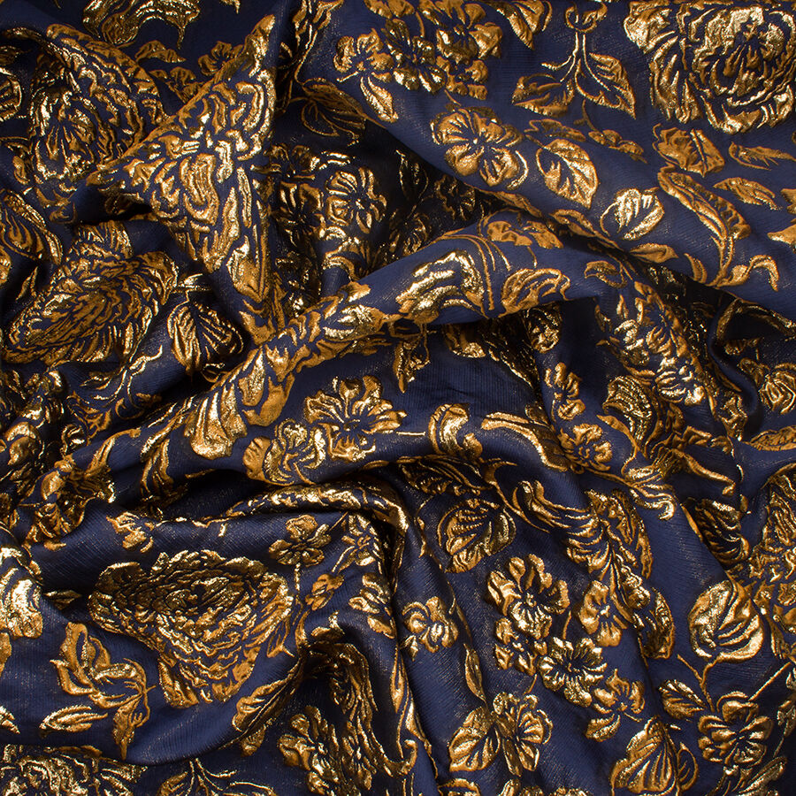 Midnight Blue/Gold Floral Silk Cloqué