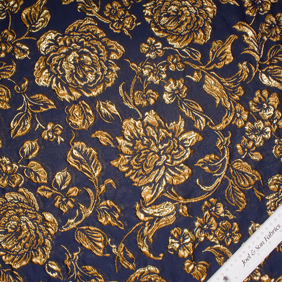 Midnight Blue/Gold Floral Silk Cloqué
