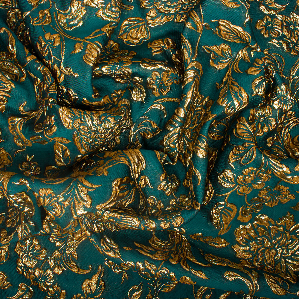 Dark Teal/Gold Floral Metallic Cloqué