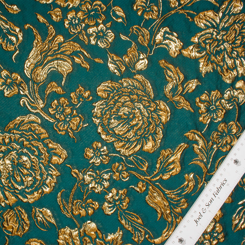 Dark Teal/Gold Floral Metallic Cloqué