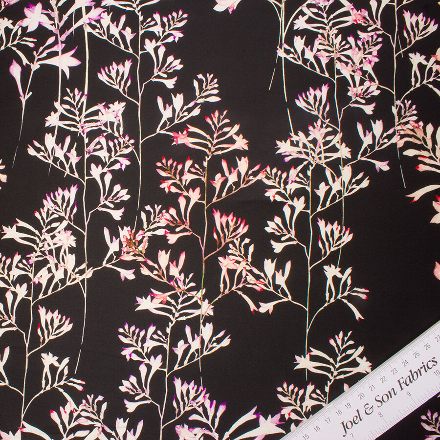 Pink Floral Black Silk Mikado
