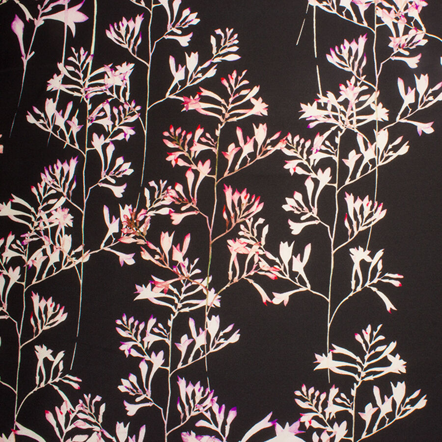 Pink Floral Black Silk Mikado