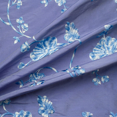 Blue Two-Tone Floral Embroidered Silk Dupion