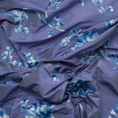 Blue Two-Tone Floral Embroidered Silk Dupion