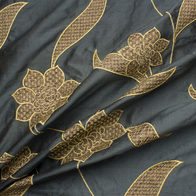 Grey/Gold Floral Embroidered Silk Dupion