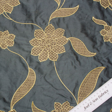 Grey/Gold Floral Embroidered Silk Dupion