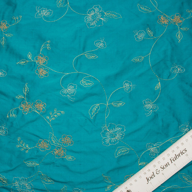 Gold Floral Embroidered Dupion Luxurious Fabric