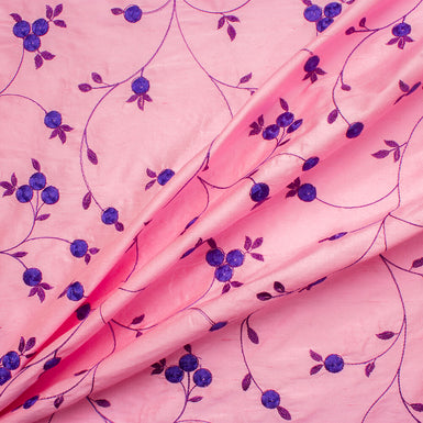 Pink/Purple Floral Embroidered Silk Dupion