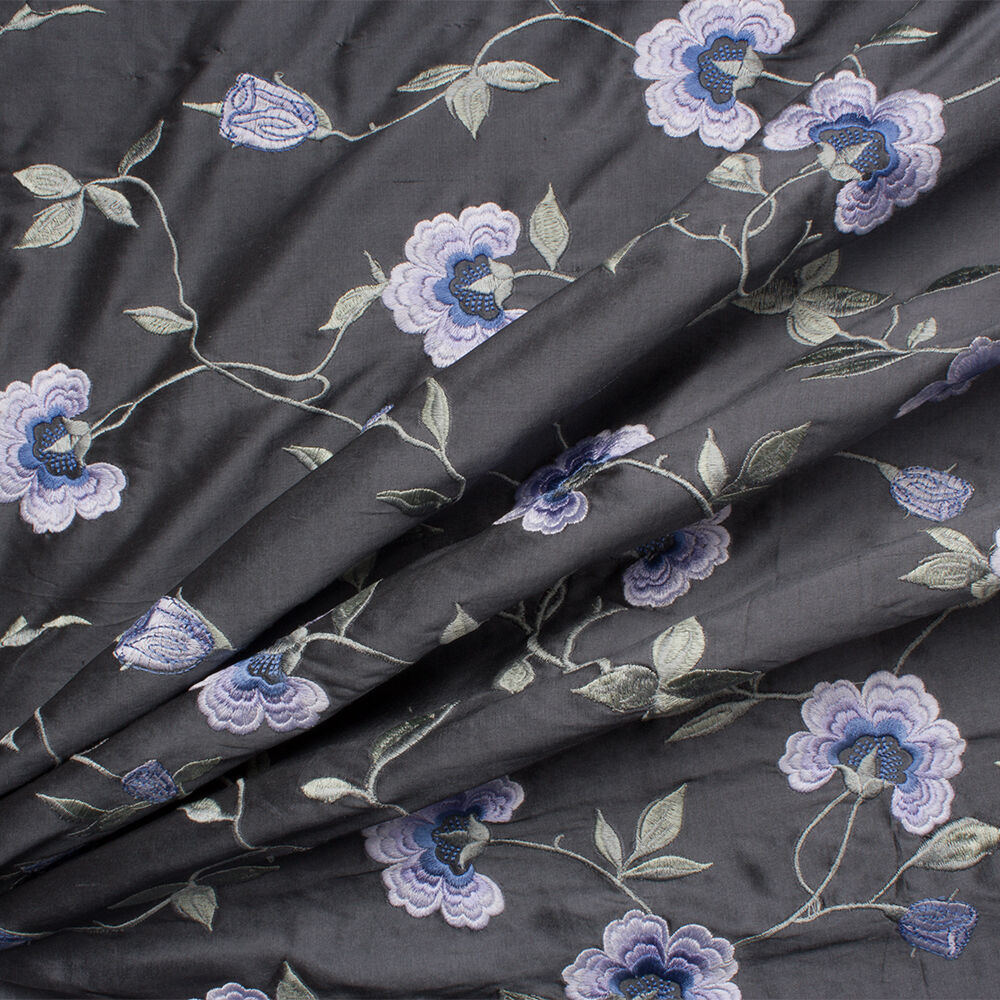 Lilac Floral Embroidered Grey Silk Dupion