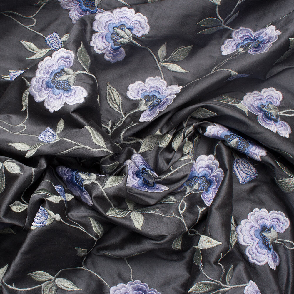 Lilac Floral Embroidered Grey Silk Dupion