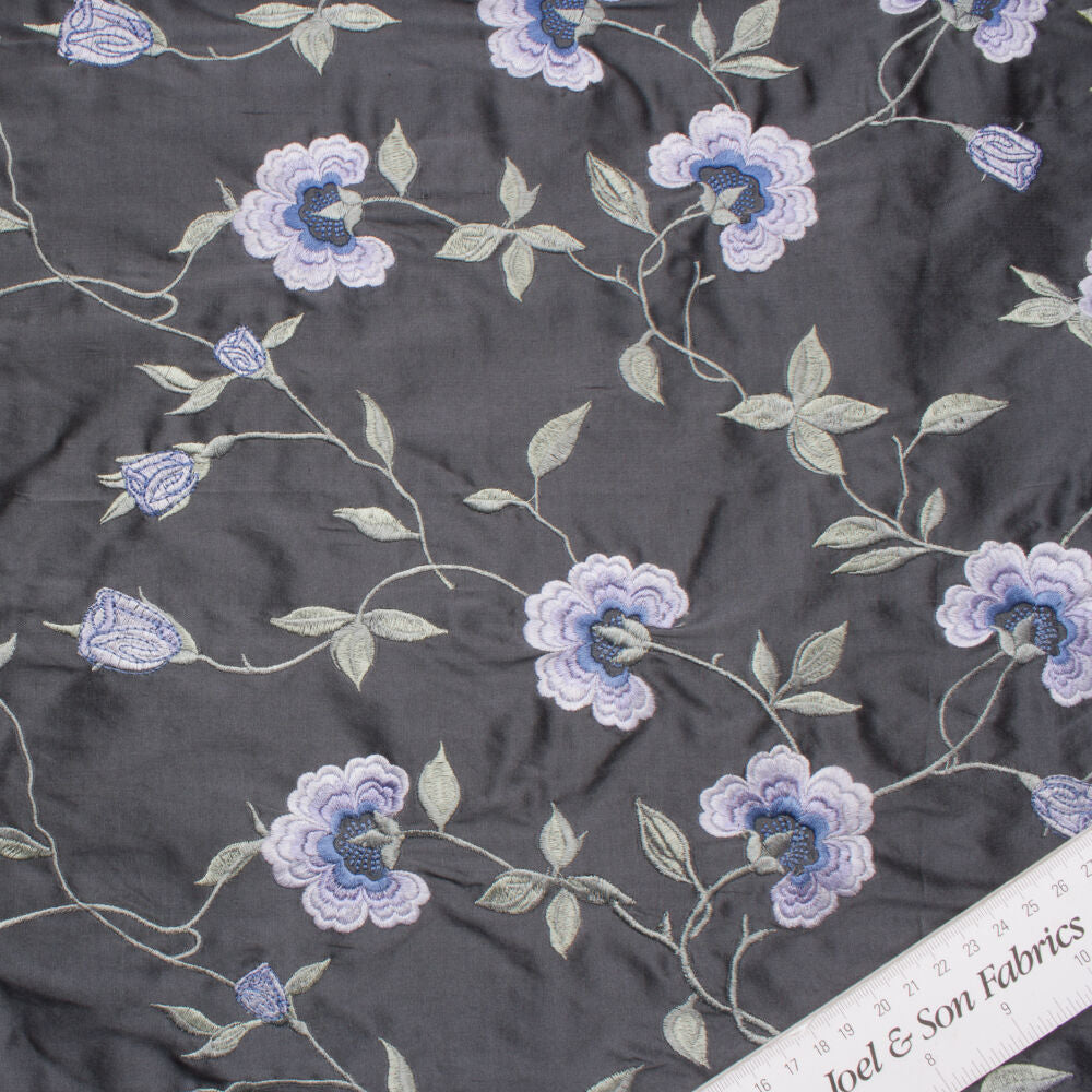 Lilac Floral Embroidered Grey Silk Dupion
