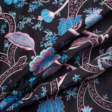 Midnight Blue/Floral Embroidered Silk Dupion