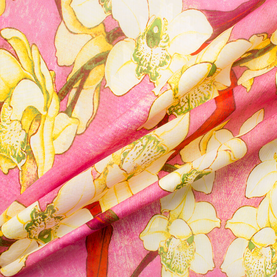 Yellow Floral Printed Pink Cotton Voile (A 1.90m Piece)